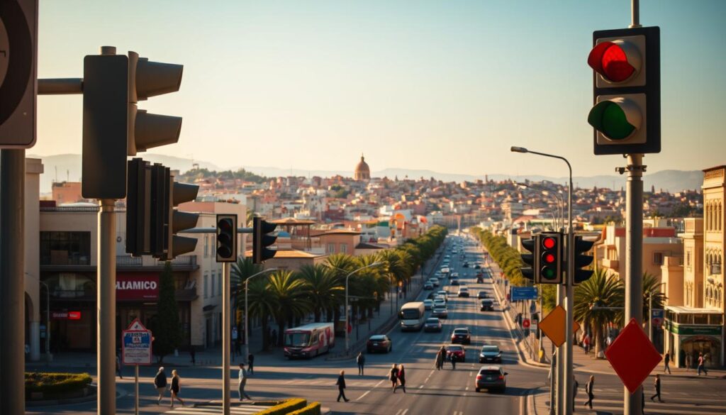 A breathtaking urban landscape, bathed in warm, golden sunlight. In the foreground, a series of road signs and traffic signals stand tall, their shapes and colors clearly visible. In the middle ground, the bustling streets of a Moroccan city come to life, with pedestrians navigating the roads and vehicles seamlessly flowing through the intersections. In the background, the vibrant architecture of the region dominates the skyline, creating a visually stunning and culturally rich environment. The scene conveys a sense of order, efficiency, and a deep understanding of the local road guidance system, inviting the viewer to immerse themselves in the practical guidance for new tourists and drivers. A breathtaking urban landscape, bathed in warm, golden sunlight. In the foreground, a series of road signs and traffic signals stand tall, their shapes and colors clearly visible. In the middle ground, the bustling streets of a Moroccan city come to life, with pedestrians navigating the roads and vehicles seamlessly flowing through the intersections. In the background, the vibrant architecture of the region dominates the skyline, creating a visually stunning and culturally rich environment. The scene conveys a sense of order, efficiency, and a deep understanding of the local road guidance system, inviting the viewer to immerse themselves in the practical guidance for new tourists and drivers.