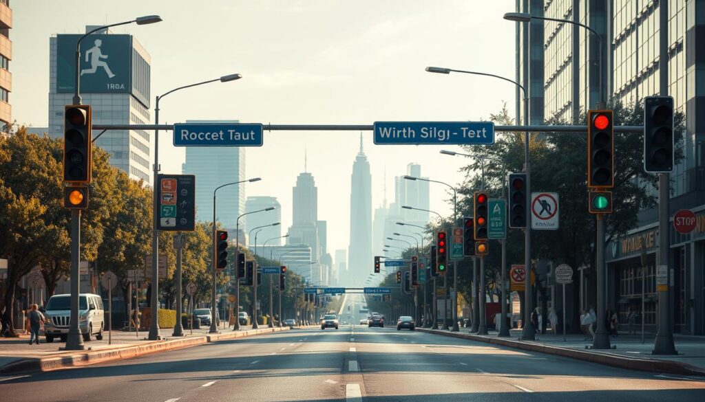 A bustling city street, with a central focus on a series of road signs and traffic signals providing clear directives to drivers and pedestrians. The signs are illuminated by warm, natural lighting, casting subtle shadows that add depth and dimension to the scene. The road surface is smooth and well-maintained, with a slight curve leading the viewer's eye towards the horizon. In the background, a skyline of modern high-rises and skyscrapers creates a dynamic urban backdrop, hinting at the vibrant life and activity within the city. The overall composition conveys a sense of order, safety, and efficiency, emphasizing the importance of road signage in guiding and protecting all who use the thoroughfares. A bustling city street, with a central focus on a series of road signs and traffic signals providing clear directives to drivers and pedestrians. The signs are illuminated by warm, natural lighting, casting subtle shadows that add depth and dimension to the scene. The road surface is smooth and well-maintained, with a slight curve leading the viewer's eye towards the horizon. In the background, a skyline of modern high-rises and skyscrapers creates a dynamic urban backdrop, hinting at the vibrant life and activity within the city. The overall composition conveys a sense of order, safety, and efficiency, emphasizing the importance of road signage in guiding and protecting all who use the thoroughfares.