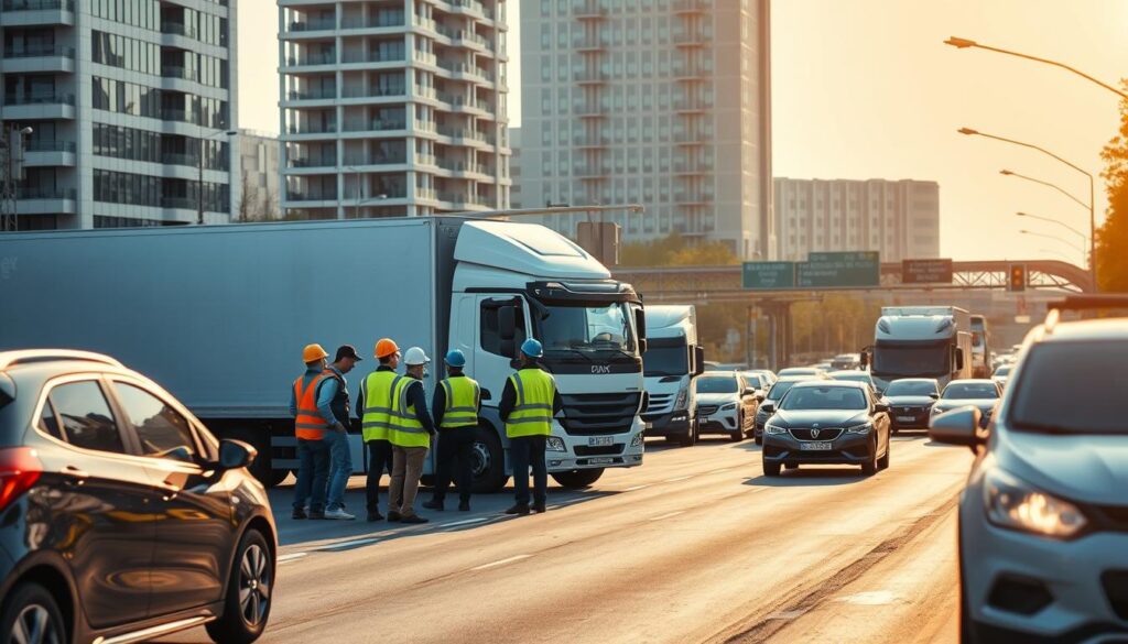 A bustling city street, with cars and trucks navigating the roads. In the foreground, a group of employees in reflective vests and hard hats, engaged in discussions and inspections around a commercial vehicle. The middle ground features a well-maintained road with clear signage and traffic signals, ensuring the safe passage of vehicles. In the background, a modern office building stands tall, representing the corporate entity responsible for promoting road safety for its workforce. The scene is illuminated by a warm, golden light, conveying a sense of care and attention to employee well-being. The overall composition reflects the company's commitment to prioritizing the safety of its employees while they are on the roads.