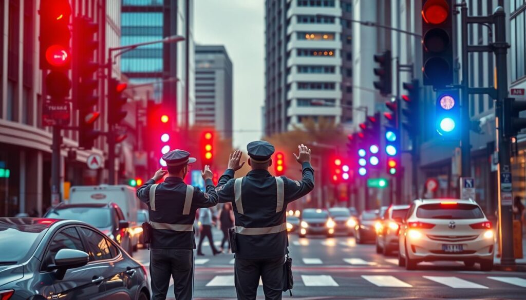 A bustling intersection with a array of colorful traffic lights, their vibrant hues illuminating the scene. Uniformed traffic wardens stand at strategic points, directing the flow of vehicles and pedestrians with clear, authoritative gestures. The intersection is framed by a backdrop of modern urban architecture, lending a sense of context and atmosphere. Crisp, high-contrast lighting casts dynamic shadows, emphasizing the three-dimensional structure of the elements. The overall composition conveys a sense of order, safety, and the careful coordination required to manage the complexities of urban traffic.