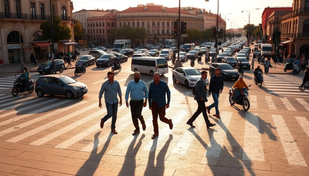 A bustling urban intersection in Morocco, with pedestrians navigating the crosswalk amid a choreographed dance of vehicles. Warm, golden-hour light casts long shadows, highlighting the intricate patterns of the tiled sidewalks. In the foreground, a group of men carefully step through the crossing, their movements coordinated and deliberate, mindful of the traffic signals and the flow of pedestrian traffic around them. The middle ground reveals a variety of transportation modes - cars, motorbikes, and bicycles - all coexisting in a harmonious rhythm. In the background, the architectural details of the surrounding buildings, with their distinctive Moroccan style, create a sense of place. The overall scene conveys a sense of order, community, and the shared responsibility of navigating public spaces safely. حقوق وواجبات الراجلين في المغرب