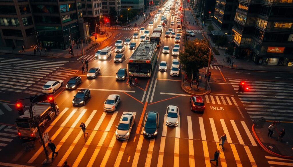 A bustling urban intersection, with a complex network of traffic signals, road markings, and pedestrian crossings. Bright, warm lighting casts a glow over the scene, illuminating the vibrant city landscape. Vehicles of various shapes and sizes navigate the intersection, their headlights cutting through the evening haze. Pedestrians move with purpose, navigating the crosswalks and sidewalks. The camera captures this dynamic scene from a slightly elevated perspective, showcasing the intricate patterns and flow of traffic. The image conveys a sense of order and organization, despite the inherent chaos of the urban environment, highlighting the importance of effective road signage and traffic management. A bustling urban intersection, with a complex network of traffic signals, road markings, and pedestrian crossings. Bright, warm lighting casts a glow over the scene, illuminating the vibrant city landscape. Vehicles of various shapes and sizes navigate the intersection, their headlights cutting through the evening haze. Pedestrians move with purpose, navigating the crosswalks and sidewalks. The camera captures this dynamic scene from a slightly elevated perspective, showcasing the intricate patterns and flow of traffic. The image conveys a sense of order and organization, despite the inherent chaos of the urban environment, highlighting the importance of effective road signage and traffic management.
