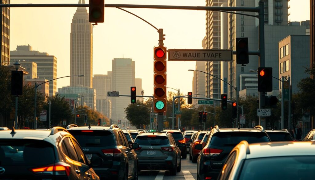 A bustling urban intersection with a synchronized traffic light system. The foreground features a group of vehicles waiting at a red light, their headlights illuminating the scene. In the middle ground, the traffic lights are prominently displayed, their signals shifting from red to green, guiding the flow of traffic. The background depicts the surrounding cityscape, with towering buildings, street lamps, and pedestrians navigating the crosswalks. The lighting is natural, with a warm, golden hue casting a sense of order and control over the dynamic scene. The overall composition conveys the importance of adhering to traffic signals and the flow of regulated movement within a well-designed transportation infrastructure.