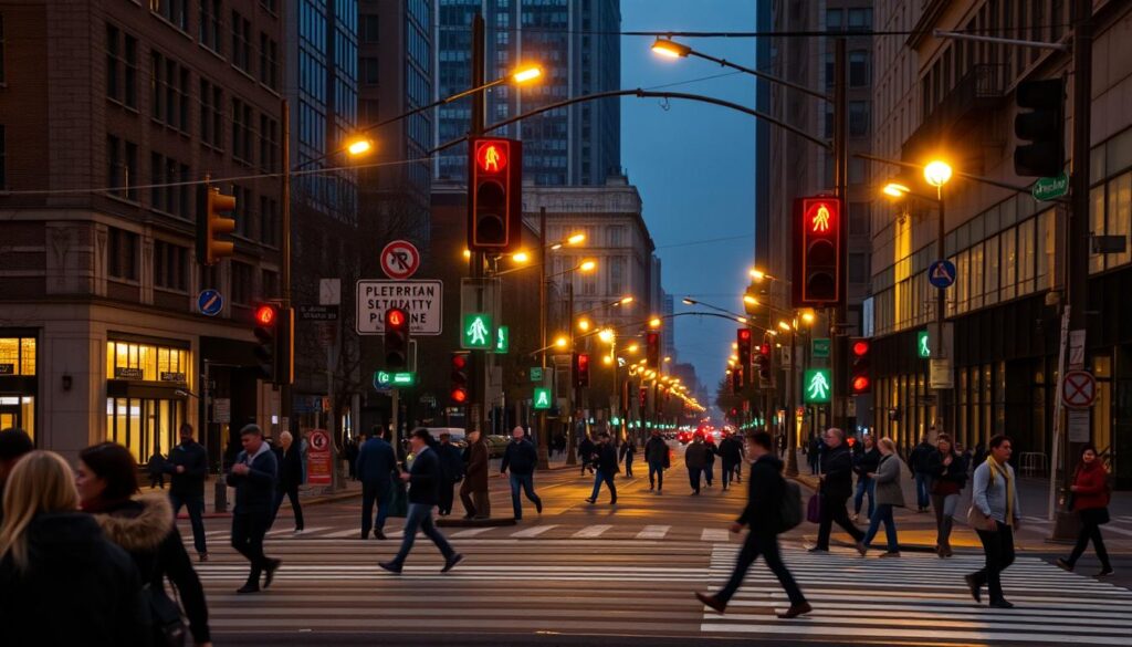 A bustling urban intersection with traffic lights and pedestrian crossing signals, illuminated by warm, golden streetlights. Pedestrians in the foreground carefully navigate the crosswalk, attentive to the signals guiding their safe passage. The middle ground features a variety of traffic signs and markings, delineating the flow of vehicles. In the background, the scene is framed by the architectural elements of the city, creating a sense of scale and context. The overall atmosphere is one of order, safety, and civic responsibility, with the traffic signals and pedestrian signals as the central focus.