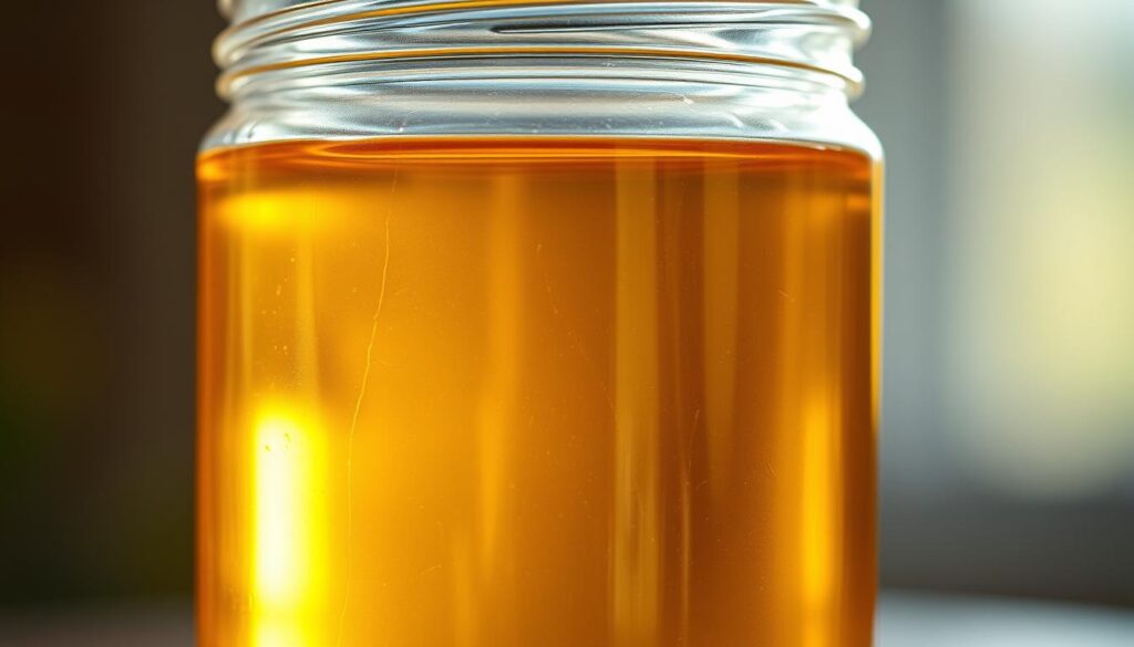 A close-up image of a clear glass jar filled with a golden, viscous liquid. The jar is illuminated from behind, casting a warm, amber glow throughout the scene. The liquid's texture appears smooth and silky, with subtle reflections dancing on the surface. The background is blurred, keeping the focus on the jar and its contents. The lighting is natural and soft, creating a sense of depth and dimensionality. The overall mood is one of quality, purity, and attention to detail, reflecting the assessment of the oil's condition. A close-up image of a clear glass jar filled with a golden, viscous liquid. The jar is illuminated from behind, casting a warm, amber glow throughout the scene. The liquid's texture appears smooth and silky, with subtle reflections dancing on the surface. The background is blurred, keeping the focus on the jar and its contents. The lighting is natural and soft, creating a sense of depth and dimensionality. The overall mood is one of quality, purity, and attention to detail, reflecting the assessment of the oil's condition.