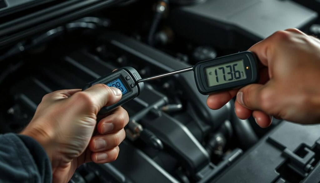 A close-up view of a mechanic's hand using a digital thermometer to measure the temperature of a car engine's hot metal surface. The engine bay is dimly lit, with shadows and highlights accentuating the intricate details of the engine components. The thermometer's display shows a high temperature reading, indicating an overheating issue. The scene conveys a sense of urgency and the need for professional intervention to diagnose and resolve the problem.