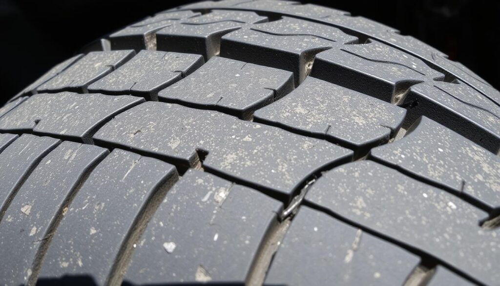 A close-up view of tire wear indicators on a worn, aging tire tread. The tread pattern is significantly diminished, with shallow grooves and visible signs of uneven wear. The surface texture appears cracked and dry, indicating advanced deterioration. Harsh, directional lighting casts deep shadows, emphasizing the tire's poor condition. The image conveys a sense of urgency, highlighting the need to replace the tire for safe driving.