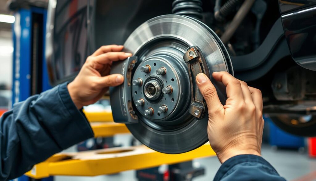 A closeup view of a mechanic's hands inspecting the brake system of a car. The scene depicts a well-lit, clean workshop setting with the car's wheels elevated on a hydraulic lift, providing easy access to the brake components. The technician is meticulously examining the brake pads, rotors, and calipers, checking for wear, damage, or any issues that may require repair or replacement. The prompt aims to convey the careful, diligent process of brake system inspection, emphasizing the importance of thorough maintenance to ensure the vehicle's safety and performance. أنظمة الفرامل في السيارة وكيف تعمل