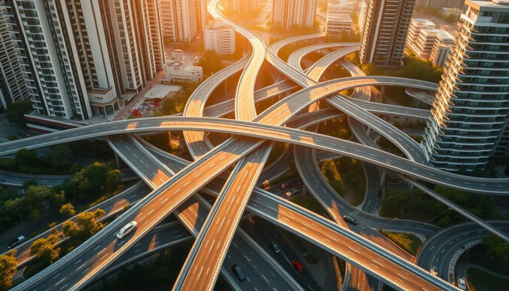 A detailed architectural blueprint of a complex vertical road network, featuring meticulously designed intersections, overpasses, and interchanges. The scene is bathed in warm, golden sunlight, casting long shadows that accentuate the intricate geometry of the roads. Sleek, modern high-rise buildings and lush greenery create a harmonious urban backdrop, while a few cars and pedestrians add a sense of scale and dynamism to the composition. The overall impression is one of efficiency, connectivity, and a thoughtful approach to urban planning and transportation infrastructure.