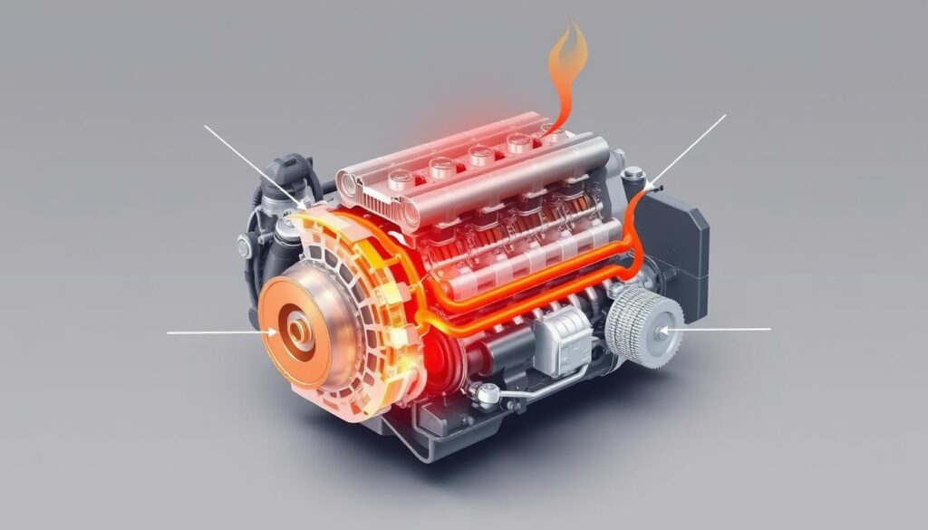 A detailed cross-section of a car engine, showcasing the common causes of overheating. The scene depicts the engine block, with the cylinder head, cooling system components, and other critical elements in clear view. The layout emphasizes airflow, coolant circulation, and potential bottlenecks that can lead to rising temperatures. Warm hues of orange and red accentuate the heat buildup, while the overall composition maintains a technical, engineering-focused aesthetic. Precise, technical illustrations of the engine parts are rendered with crisp details, allowing the viewer to understand the underlying mechanisms. The image conveys a sense of diagnostic analysis, providing visual cues to the common issues that contribute to engine overheating.