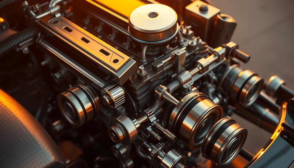 A detailed cross-section of a high-performance automobile engine, showcasing its intricate inner workings. The engine block, pistons, crankshaft, and other crucial components are rendered in precise detail, highlighting their complex geometries and precise engineering. Warm, golden lighting illuminates the scene, casting subtle shadows and reflections that enhance the sense of depth and realism. The overall composition emphasizes the engine's role as the heart of the vehicle, a vital and awe-inspiring piece of machinery that powers the car's motion. The image conveys a sense of technical mastery and the beauty inherent in functional design. A detailed cross-section of a high-performance automobile engine, showcasing its intricate inner workings. The engine block, pistons, crankshaft, and other crucial components are rendered in precise detail, highlighting their complex geometries and precise engineering. Warm, golden lighting illuminates the scene, casting subtle shadows and reflections that enhance the sense of depth and realism. The overall composition emphasizes the engine's role as the heart of the vehicle, a vital and awe-inspiring piece of machinery that powers the car's motion. The image conveys a sense of technical mastery and the beauty inherent in functional design.