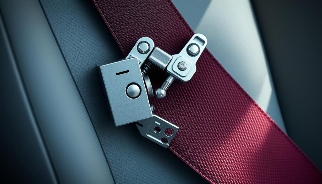 A detailed cross-section of a vehicle seatbelt, showcasing its intricate design and inner workings. Sleek, silver metal components are neatly arranged, revealing the mechanisms that distribute force across the body during a collision. The belt's webbing is tightly woven, with a smooth, burgundy texture. Soft, diffused lighting illuminates the intricate assembly, casting subtle shadows that highlight the precise engineering. The overall scene conveys a sense of technical sophistication and the importance of seatbelt safety features in protecting passengers. A detailed cross-section of a vehicle seatbelt, showcasing its intricate design and inner workings. Sleek, silver metal components are neatly arranged, revealing the mechanisms that distribute force across the body during a collision. The belt's webbing is tightly woven, with a smooth, burgundy texture. Soft, diffused lighting illuminates the intricate assembly, casting subtle shadows that highlight the precise engineering. The overall scene conveys a sense of technical sophistication and the importance of seatbelt safety features in protecting passengers.