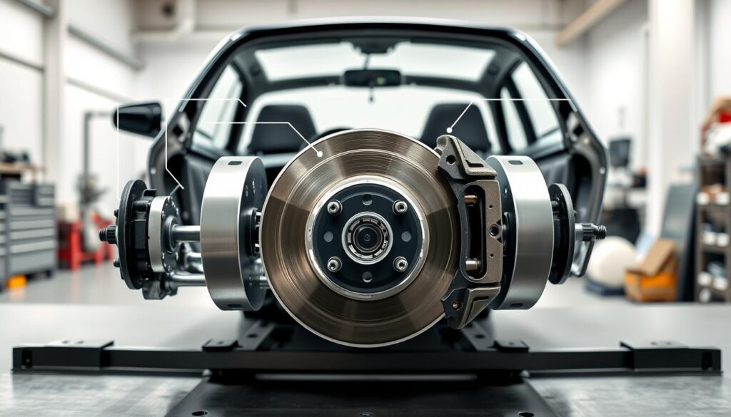 A detailed diagram of the primary components of a car's brake system, showcasing their interconnected roles and functions. The scene depicts a clean, well-lit workshop setting, with the brake system components meticulously arranged on a workbench, allowing for clear examination and understanding. The foreground features the brake calipers, discs, and pads, while the middle ground highlights the brake lines, master cylinder, and fluid reservoir. The background provides context, with a minimalist industrial setting accentuating the technical nature of the subject matter. The overall atmosphere conveys a sense of precision, functionality, and a focus on the engineering principles underlying the brake system's operation. أنظمة الفرامل في السيارة وكيف تعمل