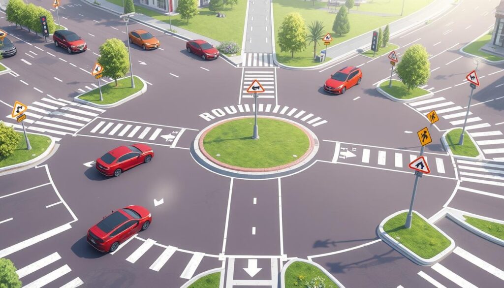 A detailed illustration of a traffic roundabout, showcasing the "priority of passage" signage and traffic flow. The scene should depict a well-lit, modern-looking roundabout with vehicles navigating through it, emphasizing the signage and road markings that indicate the right-of-way rules. The image should convey a sense of order and clarity, with the roundabout design and traffic signage as the focal points. The overall mood should be one of calm, organized traffic movement, reflecting the importance of understanding and following the priority of passage in roundabouts.