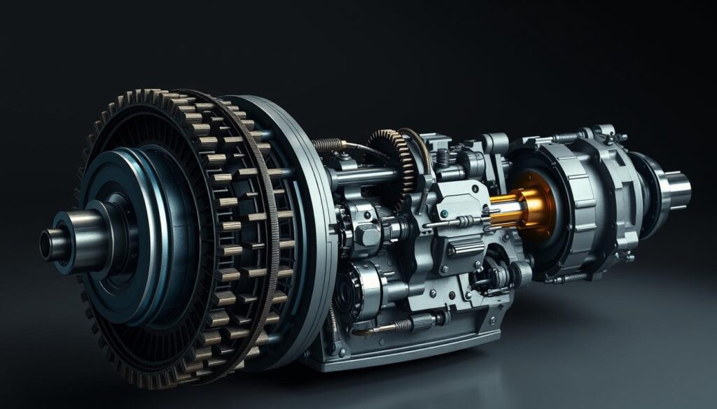 A detailed illustration of common issues with manual transmission systems. The image should depict a technical cross-section view, showcasing various components such as the clutch, gears, and shafts. Utilize a muted color palette with metallic tones to convey the industrial nature of the subject. Ensure accurate proportions and high-detail renderings to provide a comprehensive visual reference for the maintenance and repair of manual transmissions. The lighting should be soft and directional, creating depth and highlighting the intricate details. The overall atmosphere should be informative and educational, guiding the viewer through the inner workings of a manual transmission system.