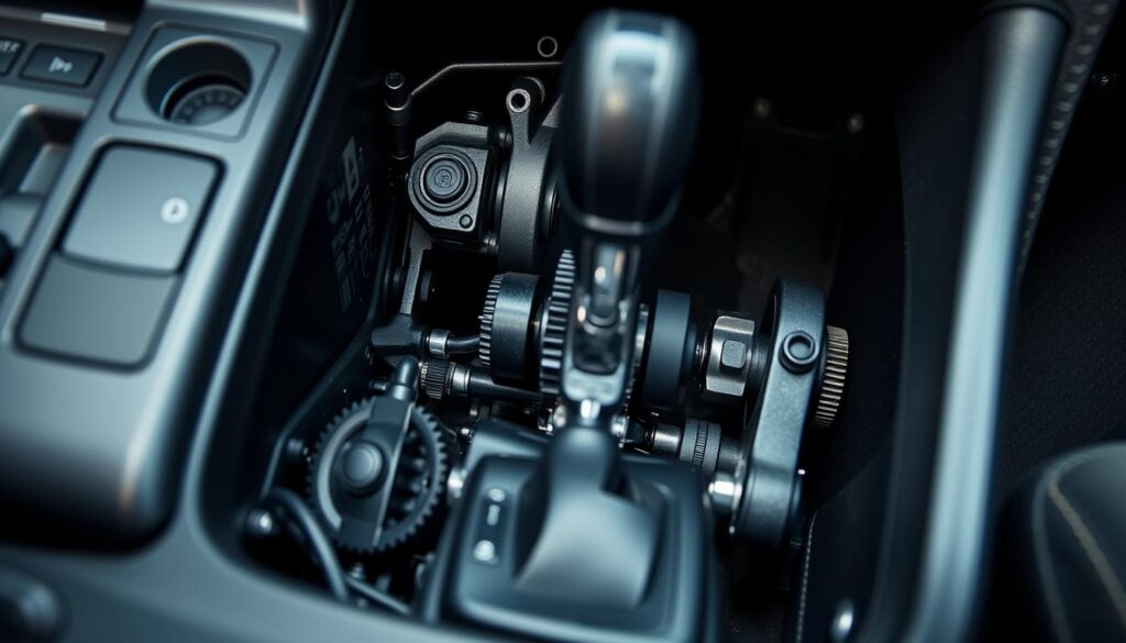 A detailed interior view of a car's manual transmission system, showcasing the various components and their positioning. The scene is well-lit, with a soft, natural lighting that emphasizes the intricate details of the gears, shifter, and linkages. The camera angle provides a clear, unobstructed view, allowing the viewer to observe the complex mechanics of manual gear selection. The overall atmosphere is one of technical precision and understanding, inviting the viewer to appreciate the intricacies of manual transmission operation.