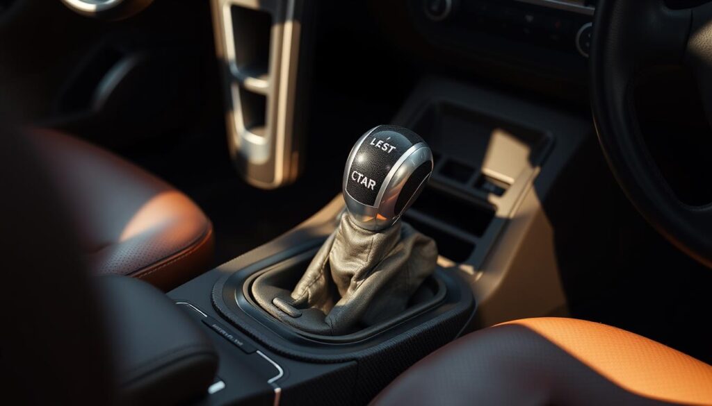 A detailed interior view of the driver's compartment of a manual transmission equipped car, showcasing the proper operation of the clutch pedal and gear shifter. The scene is lit with warm, natural lighting, highlighting the textured leather and metal surfaces. The gear stick is centered in the frame, with the clutch pedal visible in the foreground. The dashboard and steering wheel are subtly visible in the background, creating a sense of depth and immersion. The overall mood is one of precision and control, conveying the technical mastery required to skillfully operate a manual transmission vehicle.