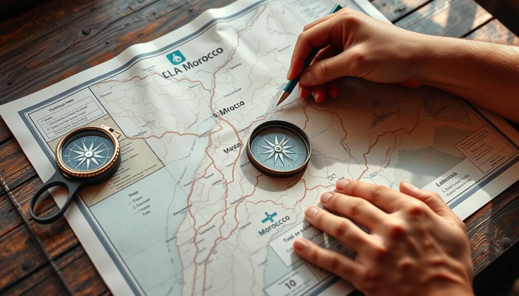 A detailed road map of a Moroccan landscape, featuring winding highways, scenic mountain vistas, and signposts indicating directions and distances. The map is displayed on a sturdy, weathered table, with a compass, a magnifying glass, and a pair of calloused hands carefully tracing the routes. The lighting is soft and natural, casting a warm glow on the scene, inviting the viewer to immerse themselves in the process of navigating the roads. The overall atmosphere conveys a sense of exploration, adventure, and a deep appreciation for the art of map reading and wayfinding in the Moroccan context. A detailed road map of a Moroccan landscape, featuring winding highways, scenic mountain vistas, and signposts indicating directions and distances. The map is displayed on a sturdy, weathered table, with a compass, a magnifying glass, and a pair of calloused hands carefully tracing the routes. The lighting is soft and natural, casting a warm glow on the scene, inviting the viewer to immerse themselves in the process of navigating the roads. The overall atmosphere conveys a sense of exploration, adventure, and a deep appreciation for the art of map reading and wayfinding in the Moroccan context.