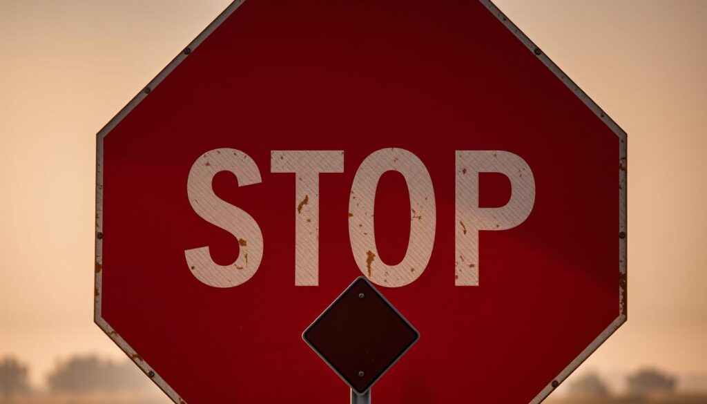 A detailed road sign with a red octagon shape, representing a stop sign, placed against a hazy, atmospheric background. The sign is illuminated by warm, directional lighting, casting subtle shadows and highlights. The sign's surface has a weathered, metallic texture, conveying a sense of authority and permanence. In the middle ground, a smaller diamond-shaped sign indicates the end of the restriction zone, complementing the main stop sign. The overall composition suggests a quiet, suburban or rural setting, inviting the viewer to visually interpret the meaning and significance of these traffic control devices.