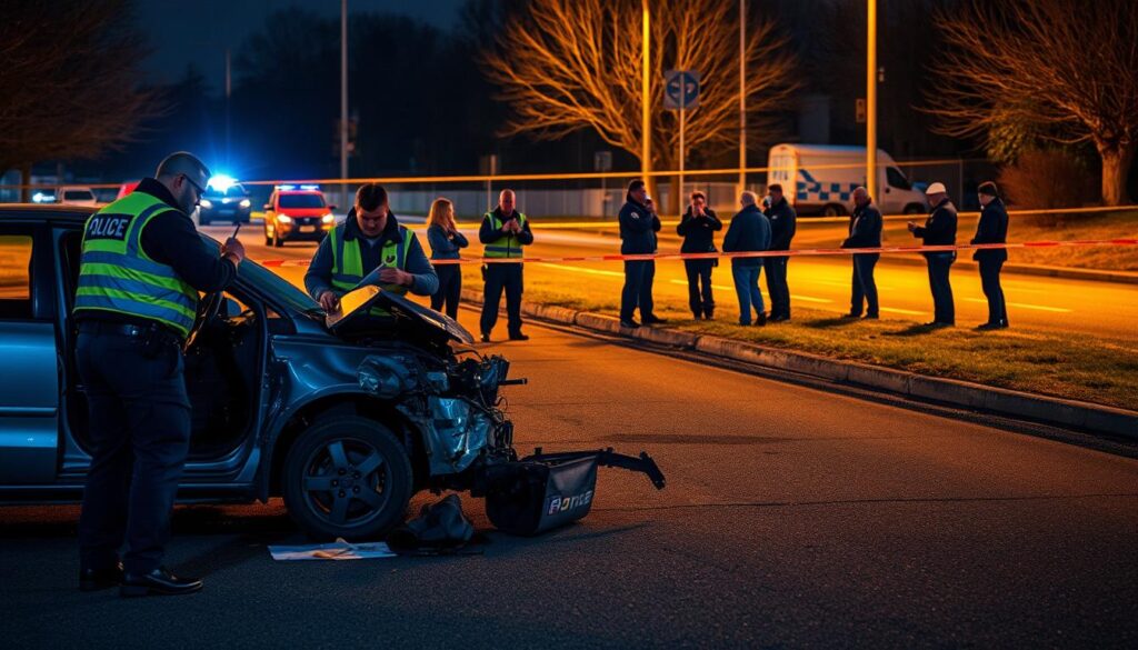 A detailed scene depicting the process of accident investigation by authorities. In the foreground, law enforcement officers carefully examine the wreckage of a vehicle, taking measurements and collecting evidence. In the middle ground, a team of investigators documents the accident site, photographing skid marks and surveying the surrounding area. In the background, a police cordon keeps onlookers at a safe distance, as the methodical work of reconstructing the incident unfolds under the warm glow of floodlights. The atmosphere is one of meticulous attention to detail, as the authorities strive to uncover the precise circumstances that led to the accident.