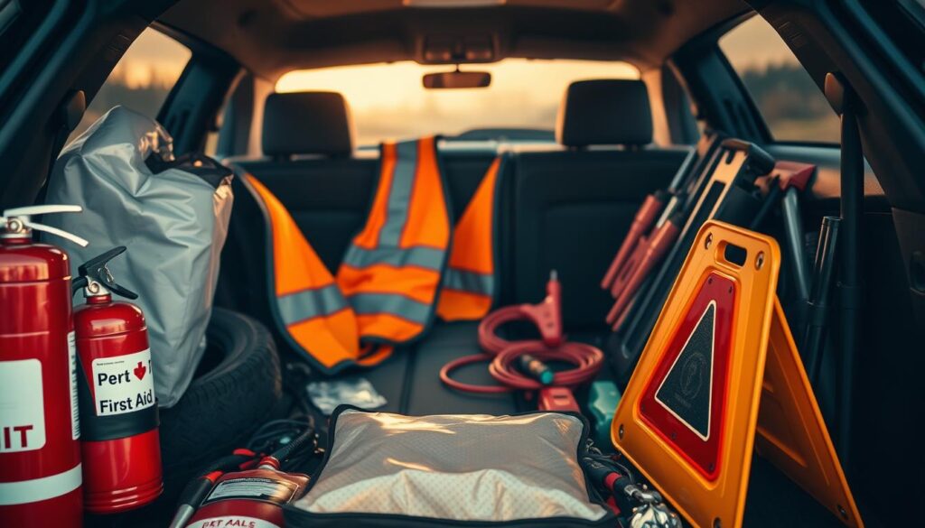 A detailed shot of the interior of a car, showcasing the emergency equipment and essential tools. In the foreground, a first aid kit, a fire extinguisher, and a reflective warning triangle are neatly arranged. In the middle ground, a high-visibility safety vest and a set of jumper cables are visible. The background features a spare tire, a jack, and other roadside repair tools meticulously organized. Warm, natural lighting illuminates the scene, creating a sense of preparedness and attention to detail. The overall composition conveys the importance of being equipped for unexpected situations while on the road. كيفية صيانة السيارة قبل السفر