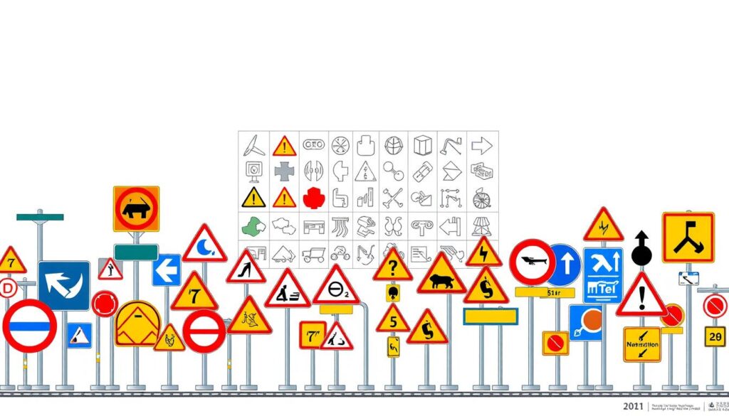 A detailed technical illustration showcasing various road signage designs and their key design principles. The foreground depicts a diverse array of road signs, including directional, warning, and regulatory signs, each meticulously crafted with clean lines, bold colors, and intuitive symbols. The middle ground features a grid-like layout highlighting the geometric shapes, typography, and material considerations that contribute to their effective visual communication. The background sets a subtly lit, minimalist environment, emphasizing the technical and functional nature of the subject matter. The overall composition conveys a sense of order, clarity, and the importance of well-designed road signage for enhancing traffic safety and navigation. A detailed technical illustration showcasing various road signage designs and their key design principles. The foreground depicts a diverse array of road signs, including directional, warning, and regulatory signs, each meticulously crafted with clean lines, bold colors, and intuitive symbols. The middle ground features a grid-like layout highlighting the geometric shapes, typography, and material considerations that contribute to their effective visual communication. The background sets a subtly lit, minimalist environment, emphasizing the technical and functional nature of the subject matter. The overall composition conveys a sense of order, clarity, and the importance of well-designed road signage for enhancing traffic safety and navigation.