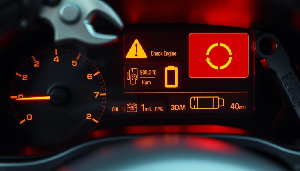 A digital dashboard display showing various car diagnostics and warning indicators, including engine temperature, oil pressure, battery charge, and a "Check Engine" light. The display is illuminated with a warm, amber hue, creating a sense of caution and impending maintenance needs. In the background, a mechanic's wrench and toolbox are visible, suggesting proactive maintenance and troubleshooting. The overall scene conveys the importance of monitoring vehicle health and addressing issues before they escalate into major problems on the road.