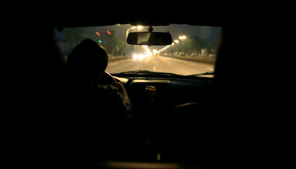 A dimly lit interior of a car, the dashboard and steering wheel visible. The driver's face is obscured, their head slumped forward, hands loosely gripping the wheel. Empty beer cans and pill bottles litter the passenger seat. The car's movement is blurred, giving a sense of unsteadiness. Shadows cast by the streetlights outside create an ominous atmosphere. A striking visual metaphor for the inability to safely operate a vehicle under the influence of alcohol and drugs.