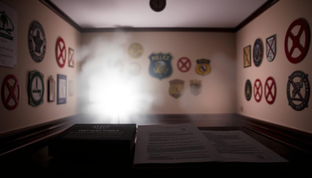 A dimly lit room, the walls adorned with various symbols and insignia representing the authorization and revocation of restrictions. In the foreground, a series of official-looking documents and stamps, carefully laid out to illustrate the nuances of the process. The middle ground features a cluster of law enforcement insignia, subtly hinting at the role of authorities in this delicate matter. The background is shrouded in a soft, hazy glow, creating an atmosphere of contemplation and reflection. The overall scene conveys a sense of the intricate procedures and considerations involved in the lifting or modification of restrictions, inviting the viewer to appreciate the complexities of this subject matter.