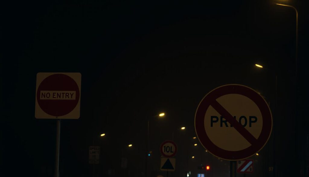 A dimly lit urban street scene, with various traffic and road signs clearly visible. In the foreground, a set of "No Entry" and "End of Prohibition" signs stand prominently, their symbols and colors conveying a sense of authority and regulation. The middle ground features a series of other road signs, including speed limits, yield, and parking restrictions, creating a sense of a well-organized and controlled environment. The background is hazy, with the faint outlines of buildings and streetlights, suggesting an urban setting. The overall tone is one of order and attention to detail, reflecting the need to understand and comply with traffic and road regulations.