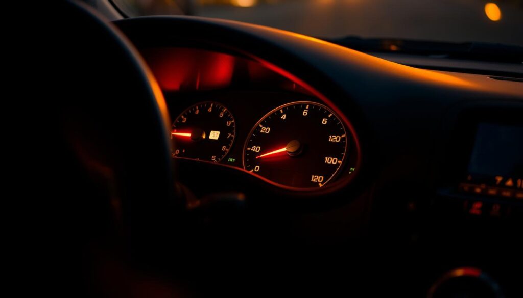 A driver's dashboard with a glowing temperature gauge, indicating an overheated engine. The vehicle is seen from a slightly elevated angle, capturing the steering wheel, shift knob, and other interior details. The lighting is dramatic, with warm tones and shadows, conveying a sense of urgency. The background is blurred, keeping the focus on the critical dashboard display. The overall scene suggests a driver's immediate reaction and concern upon noticing the rising engine temperature during their journey.