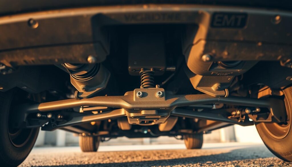 A high-angle view of a car's undercarriage, with the focus on the jack points or "Nukkat At-Tathbit Al-Kareeq" - the specific attachment points designed to securely support the vehicle when lifted. The scene is well-lit, with warm, natural light casting subtle shadows that emphasize the car's contours and the critical components underneath. The image should convey a sense of precision and attention to detail, as these anchor points are crucial for safely raising the car during a tire change or other maintenance tasks. The background is slightly blurred, keeping the viewer's attention on the technical details of the jack points and their placement on the vehicle's frame.