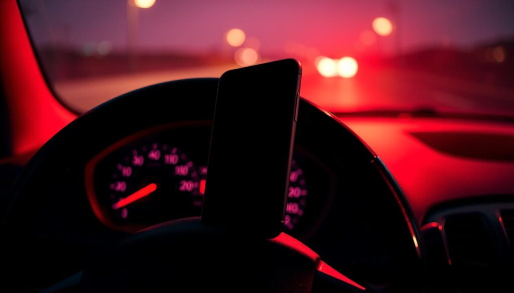 A high-contrast photograph of a car dashboard with a smartphone resting on it, the screen illuminated and partially obscuring the steering wheel. The dashboard displays a speedometer, fuel gauge, and other indicators. The scene is bathed in an ominous red glow, conveying a sense of danger and the consequences of distracted driving. The background is blurred, emphasizing the focus on the phone and the potential hazards it poses. The image should evoke a powerful warning about the heavy penalties for using a phone while operating a vehicle. قوانين استعمال الهاتف أثناء القيادة في المغرب