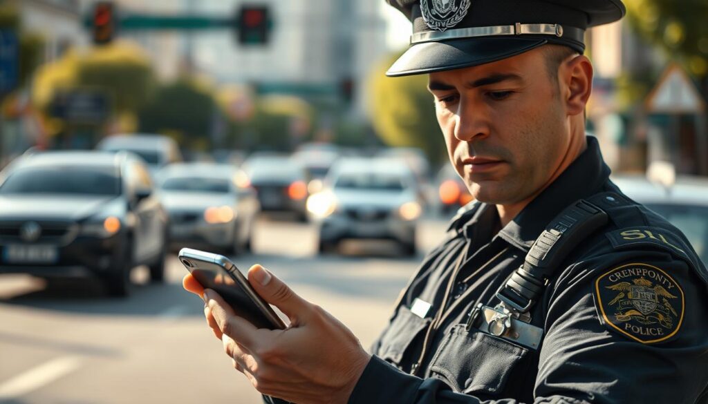 A high-quality digital photograph of a police officer examining a smartphone at a traffic stop, against a blurred background of a busy city street. The officer is holding the device, inspecting it closely, with a serious expression on their face. The scene conveys a sense of law enforcement and the enforcement of mobile phone regulations while driving. The lighting is natural, with the sun casting long shadows. The camera is positioned at a slight angle, capturing the action from a dynamic perspective. The overall tone is one of official authority and the enforcement of traffic laws. A high-quality digital photograph of a police officer examining a smartphone at a traffic stop, against a blurred background of a busy city street. The officer is holding the device, inspecting it closely, with a serious expression on their face. The scene conveys a sense of law enforcement and the enforcement of mobile phone regulations while driving. The lighting is natural, with the sun casting long shadows. The camera is positioned at a slight angle, capturing the action from a dynamic perspective. The overall tone is one of official authority and the enforcement of traffic laws.