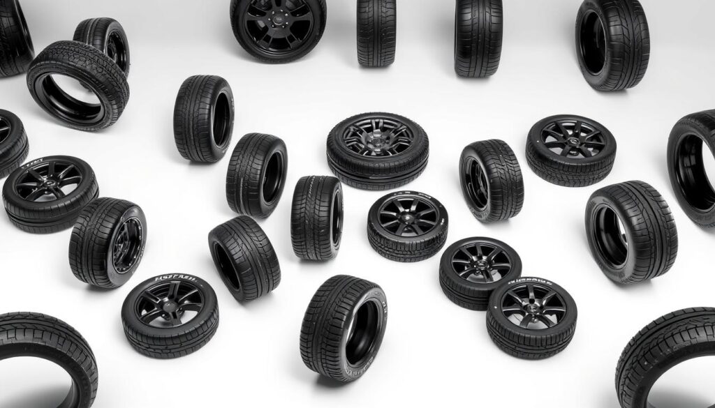 A high-resolution image of various tire brands and models, displayed on a clean, white background with soft, even lighting. The tires are arranged in a visually appealing layout, showcasing their unique tread patterns, sidewall designs, and sizes. The image should convey a sense of quality, durability, and performance, reflecting the top tire brands available in the market. The camera angle should be slightly elevated to provide a comprehensive view of the tires, highlighting their distinctive features and characteristics. The overall mood should be professional, informative, and tailored to the article's focus on the best tire brands and their approximate prices.