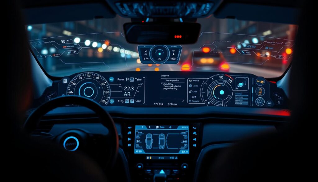 A high-tech dashboard displaying a complex array of electronic brake assistance systems. Sleek digital interfaces and intuitive control panels illuminate the cabin, bathed in a soft, ambient glow. Sensors and cameras monitor the vehicle's status, providing real-time data and intelligent feedback to the driver. Intricate algorithms work seamlessly behind the scenes, anticipating hazards and applying precise braking adjustments to ensure a smooth, safe, and responsive driving experience. The scene conveys a sense of advanced automotive technology, engineered to enhance safety and performance. أنظمة الفرامل في السيارة وكيف تعمل