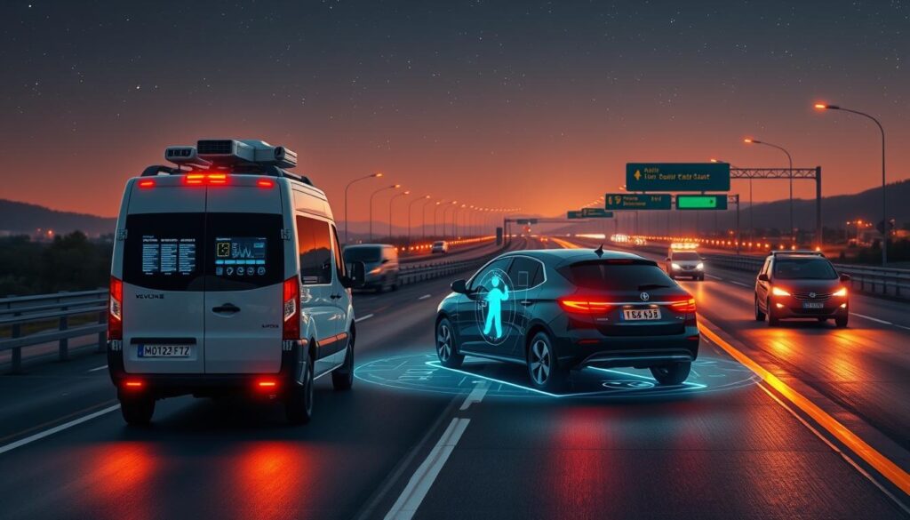 A high-tech roadside assistance setup with a modern, sleek design. In the foreground, a well-equipped service van with sensors, cameras, and a display panel. In the middle ground, a stranded vehicle with its hazard lights on, surrounded by a digital diagnostic interface projected from the van. The background features a futuristic highway landscape with smart road infrastructure, autonomous vehicles, and a clear, starry night sky. Warm, glowing lighting illuminates the scene, creating a sense of technological sophistication and calm assistance. The overall mood conveys the seamless integration of advanced technology to provide efficient, reliable road support.