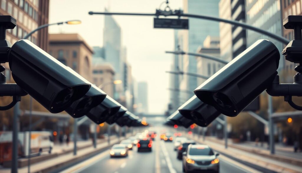 A highly detailed image of a modern surveillance camera system mounted on a city street. The cameras are sleek, black, and cylindrical, with advanced lenses and sensors. They are positioned strategically along the road, overlooking the traffic flow. The lighting is bright and even, with a touch of warm hues from nearby streetlights. The scene conveys a sense of security and vigilance, with the cameras unobtrusively monitoring the area. The background features a cityscape of tall buildings and infrastructure, emphasizing the urban setting where such a surveillance network would be deployed to monitor vehicle speeds and traffic.