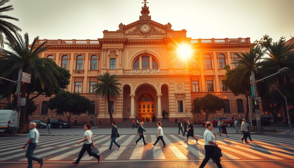 A majestic government building standing tall, its facade adorned with intricate architectural details and a grand central entrance. The structure is bathed in warm, golden sunlight, casting a welcoming glow. In the foreground, a bustling urban street scene with pedestrians navigating the crosswalks, their safety a top priority. The building's signage, "المرصد الوطني للسلامة الطرقية," prominently displayed, symbolizing its role in overseeing road safety initiatives. The image conveys a sense of civic responsibility, where the government and the people work together to ensure the well-being of pedestrians in the vibrant Moroccan cityscape. A majestic government building standing tall, its facade adorned with intricate architectural details and a grand central entrance. The structure is bathed in warm, golden sunlight, casting a welcoming glow. In the foreground, a bustling urban street scene with pedestrians navigating the crosswalks, their safety a top priority. The building's signage, "المرصد الوطني للسلامة الطرقية," prominently displayed, symbolizing its role in overseeing road safety initiatives. The image conveys a sense of civic responsibility, where the government and the people work together to ensure the well-being of pedestrians in the vibrant Moroccan cityscape.