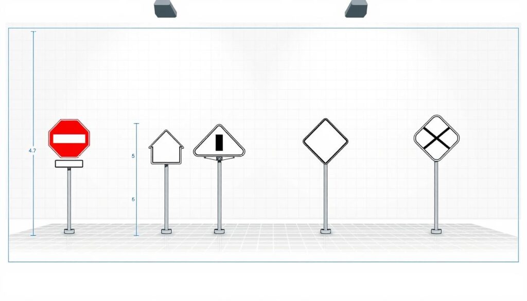 A meticulously detailed blueprint-style illustration of standard road sign dimensions and measurements, rendered in a technical, engineering-inspired style. The foreground showcases the dimensional specifications of various vertical road sign types, displayed against a plain white background with clearly labeled measurements. The middle ground features a grid-like layout highlighting the proper positioning and spacing of the signs. The background subtly incorporates a minimalist grid pattern, reinforcing the technical and architectural nature of the composition. Precise lighting from an overhead source casts subtle shadows, emphasizing the three-dimensional quality of the sign elements. The overall mood is one of functional clarity, precision, and practical application.