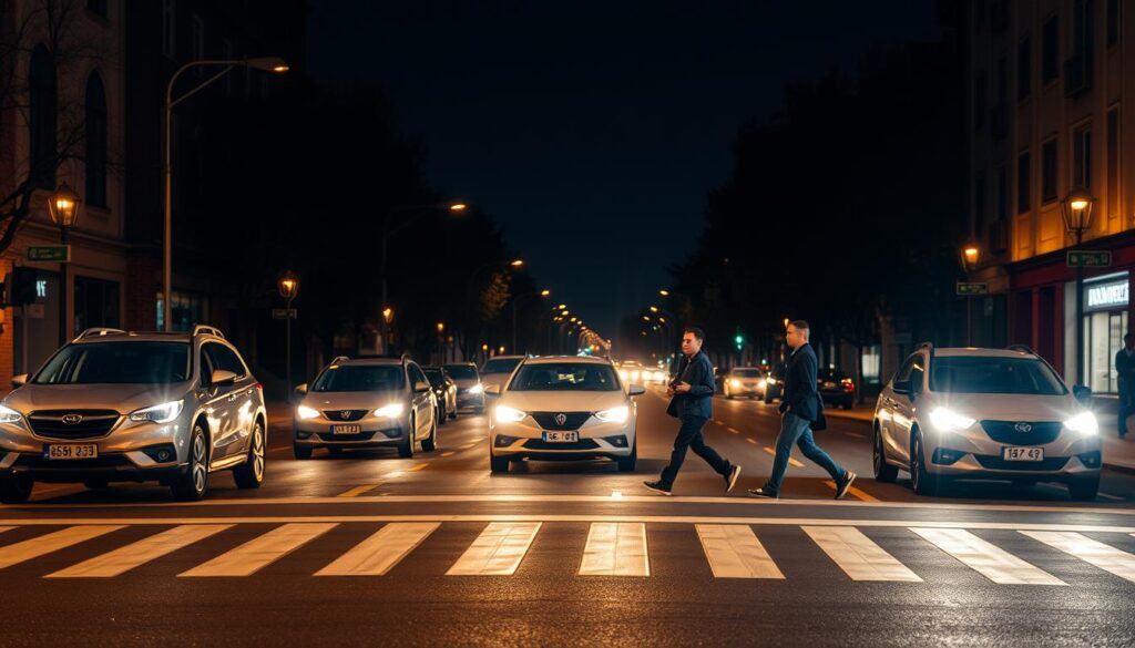 A nighttime city street scene with a well-lit road, cars with their headlights on, and pedestrians crossing the street cautiously. The lighting should create a warm, ambient glow, illuminating the surroundings and making the scene feel safe and secure. The cars should be positioned to suggest they are driving at a moderate, responsible speed, and the pedestrians should be shown exercising care and vigilance as they navigate the crosswalk. The overall composition should convey a sense of harmony and cooperation between the various road users, emphasizing the importance of safety during nighttime driving. A nighttime city street scene with a well-lit road, cars with their headlights on, and pedestrians crossing the street cautiously. The lighting should create a warm, ambient glow, illuminating the surroundings and making the scene feel safe and secure. The cars should be positioned to suggest they are driving at a moderate, responsible speed, and the pedestrians should be shown exercising care and vigilance as they navigate the crosswalk. The overall composition should convey a sense of harmony and cooperation between the various road users, emphasizing the importance of safety during nighttime driving.