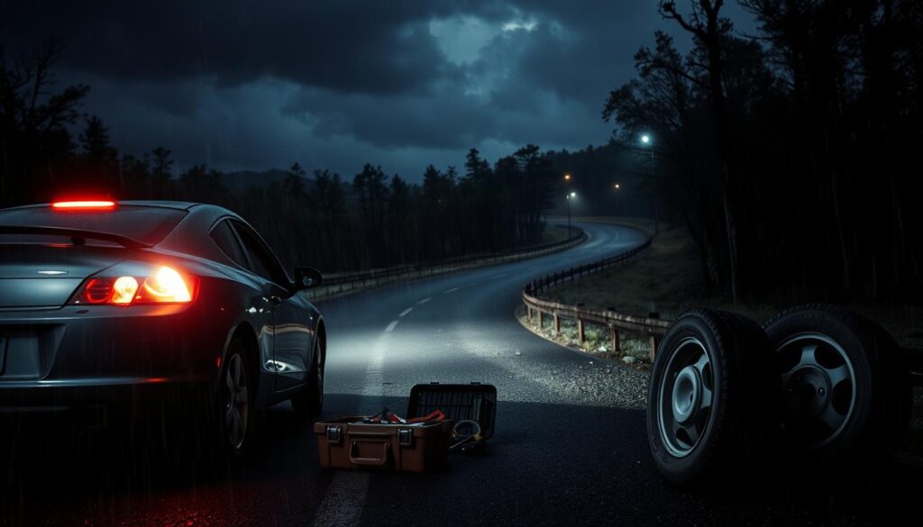 A roadside vehicle breakdown scenario, set in a dimly lit, rainy environment. In the foreground, a stranded car with its hazard lights blinking, the driver examining the engine with a flashlight. In the middle ground, a toolbox and a spare tire are visible, suggesting the driver's attempts to troubleshoot and fix the issue. The background depicts a winding, deserted road surrounded by trees, with dark clouds overhead, creating a sense of isolation and urgency. The scene is lit by a combination of the car's headlights, the driver's flashlight, and the faint glow of streetlights in the distance, casting dramatic shadows. The overall mood is one of concern and determination, as the driver works to address the unexpected breakdown.