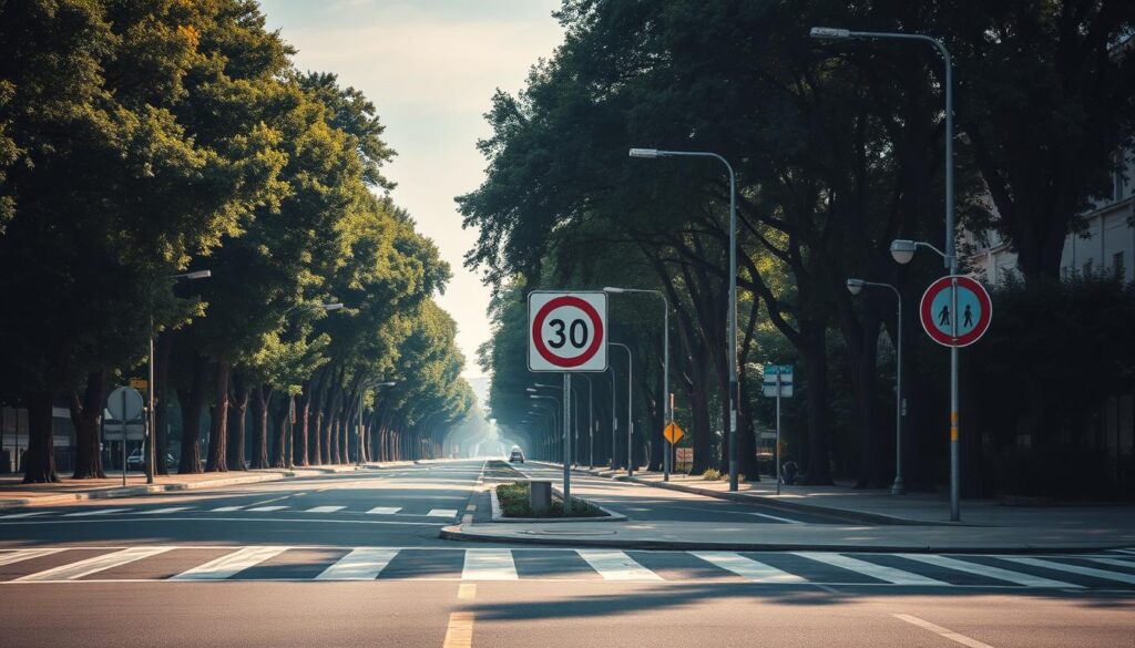 A serene urban street scene with a focus on traffic signs and road markings, conveying the importance of speed reduction. In the foreground, a well-lit crosswalk with pedestrian indicators invites cautious driving. The middle ground features a prominent speed limit sign, its numeric value clearly displayed. Lining the road, towering trees cast gentle shadows, creating a calming atmosphere. Streetlights illuminate the scene, hinting at the need for vigilance in low-light conditions. The overall mood is one of safety and responsibility, encouraging drivers to heed the call for reduced speeds.