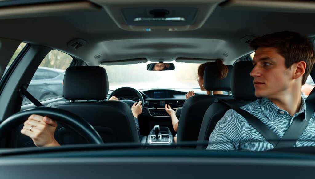 A serene, well-lit interior of a sedan car, with a focused driver and passengers engaged in polite, attentive behaviors. The front seats feature a responsible, alert driver with hands on the wheel, maintaining proper posture. In the rear, passengers sit upright, with seatbelts fastened, avoiding distractions and demonstrating considerate conduct. Soft, ambient lighting creates a calm atmosphere, while the vehicle's clean, organized aesthetic reflects a spirit of safety and responsibility. The composition emphasizes the importance of mindful, cooperative behaviors that prioritize the well-being of all occupants during the journey.