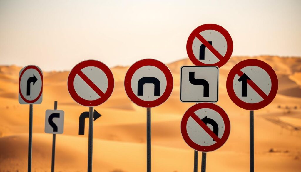 A set of distinct traffic prohibition signs in Morocco, arranged against a backdrop of a desert landscape. The signs are rendered in a bold, minimalist style, with clear red circles and black symbols conveying the prohibited actions such as no entry, no U-turn, and no stopping. The signs are positioned at various angles, creating a sense of depth and movement. The desert setting provides a warm, sun-drenched atmosphere, with subtle hues of ochre and terracotta. The overall composition suggests the importance of these warning signs in the Moroccan traffic infrastructure, serving to caution drivers and keep the roads safe.