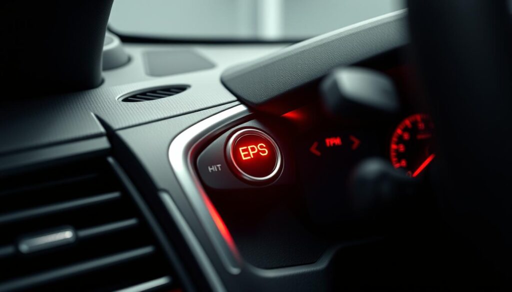 A sleek and modern dashboard, with a close-up view of the electronic power steering (EPS) system indicator light. The light is illuminated, signaling an issue with the electric power steering system. The dashboard is made of high-quality materials, with a clean and minimalist design. The lighting is soft and indirect, creating a warm and professional atmosphere. The camera angle is slightly elevated, providing a clear and detailed view of the EPS indicator light and its surrounding controls. The overall image conveys a sense of importance and attention to detail, reflecting the technical nature of the article's subject matter. العلامات التحذيرية في لوحة قيادة السيارة