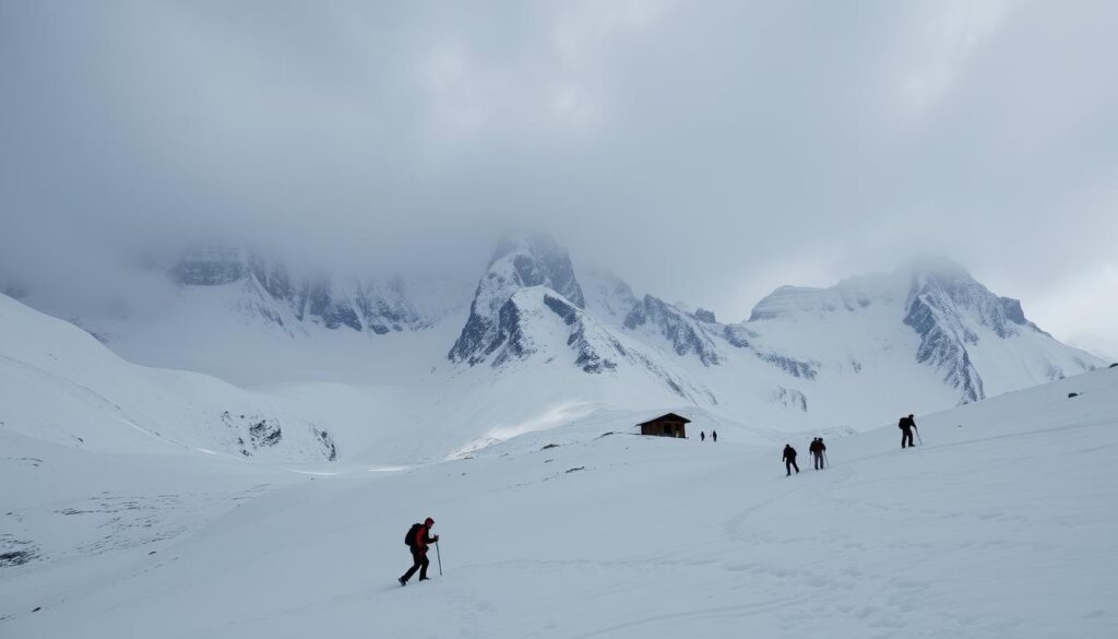 A snowy mountain landscape in the foreground, with a group of hikers carefully navigating the treacherous terrain. The sky is overcast, with heavy clouds threatening to unleash a blizzard. In the middle ground, a small cabin or shelter offers a potential refuge from the harsh conditions. In the background, towering peaks rise up, their summits obscured by swirling snowflakes. The lighting is dramatic, with a mix of natural and artificial sources illuminating the scene. The overall mood is one of adventure and perseverance, as the hikers face the challenges of the extreme weather head-on. A snowy mountain landscape in the foreground, with a group of hikers carefully navigating the treacherous terrain. The sky is overcast, with heavy clouds threatening to unleash a blizzard. In the middle ground, a small cabin or shelter offers a potential refuge from the harsh conditions. In the background, towering peaks rise up, their summits obscured by swirling snowflakes. The lighting is dramatic, with a mix of natural and artificial sources illuminating the scene. The overall mood is one of adventure and perseverance, as the hikers face the challenges of the extreme weather head-on.