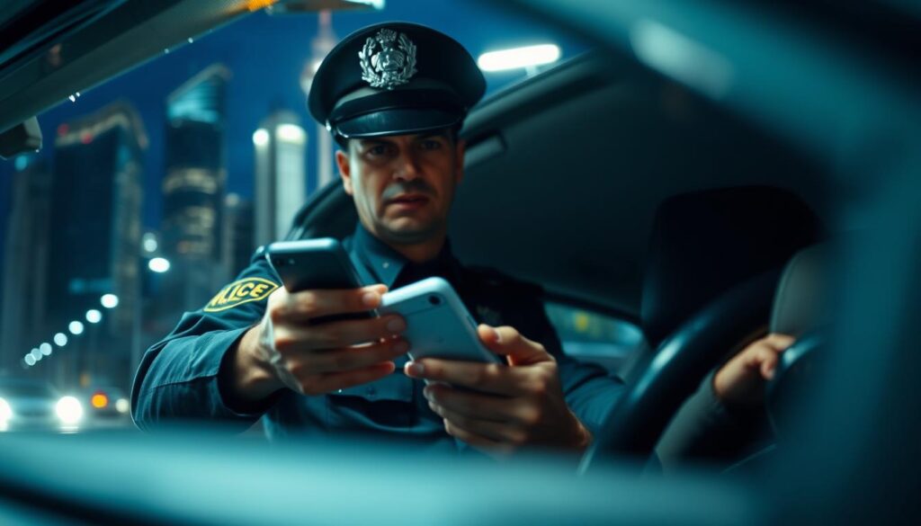 A traffic police officer gesturing sternly to a driver holding a mobile phone, with the cityscape blurred in the background. The scene conveys a sense of urgency and the serious consequences of using a phone while driving. The lighting is dramatic, casting deep shadows and highlighting the focal point. The camera angle is low, emphasizing the authority and gravity of the situation. The image should evoke a strong sense of the legal and safety concerns surrounding the use of mobile phones while operating a vehicle. A traffic police officer gesturing sternly to a driver holding a mobile phone, with the cityscape blurred in the background. The scene conveys a sense of urgency and the serious consequences of using a phone while driving. The lighting is dramatic, casting deep shadows and highlighting the focal point. The camera angle is low, emphasizing the authority and gravity of the situation. The image should evoke a strong sense of the legal and safety concerns surrounding the use of mobile phones while operating a vehicle.