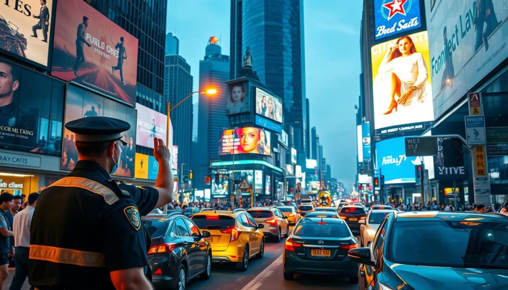 A vibrant cityscape filled with bustling traffic and pedestrians, illuminated by the warm glow of streetlights. In the foreground, a police officer stands vigilant, signaling to a driver to follow the traffic laws. The middle ground showcases a diverse array of vehicles, each obeying the clearly marked road signs and signals. In the background, towering skyscrapers and billboards create a sense of urban sophistication. The scene conveys a harmonious balance between order, safety, and the flow of modern life, highlighting the importance of adhering to traffic regulations for the well-being of all.
