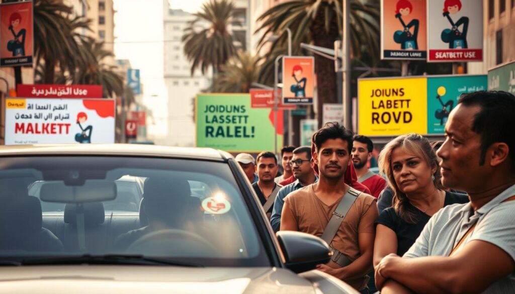 A vibrant road safety awareness campaign in the heart of a Moroccan city. In the foreground, a group of diverse citizens wearing seatbelts, modeling proper usage. The middle ground features a fleet of vehicles with passengers buckled up, representing the importance of compliance. In the background, billboards and banners showcase slogans and graphics promoting the importance of seatbelt use, captured with a warm, documentary-style lighting. The overall scene conveys a sense of community engagement and a concerted effort to improve road safety through education and positive example. A vibrant road safety awareness campaign in the heart of a Moroccan city. In the foreground, a group of diverse citizens wearing seatbelts, modeling proper usage. The middle ground features a fleet of vehicles with passengers buckled up, representing the importance of compliance. In the background, billboards and banners showcase slogans and graphics promoting the importance of seatbelt use, captured with a warm, documentary-style lighting. The overall scene conveys a sense of community engagement and a concerted effort to improve road safety through education and positive example.